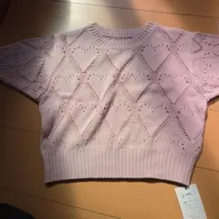 ハート柄 透かし編み 半袖ニット 핑크