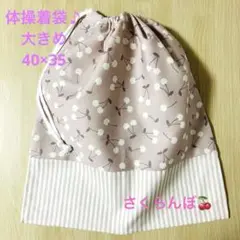 さくらんぼ×ストライプ♡くすみピンク　体操着袋　体操着入れ　大きめ♪