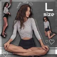 【Lサイズ】上下2点セット ボーダー 水着 長袖 体型カバー シンプル 海外