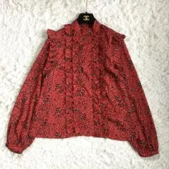 美品★マルティニーク バックサテンフラワーフリル ブラウス プルオーバー 赤のサムネイル