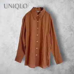 【UNIQLO ユニクロ】　シアーストライプシャツ　長袖　ブラウン　M 洗えるのサムネイル