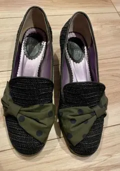 黒のドット柄リボン付きシューズ 3.5