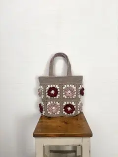 モチーフ編み　手編み　お花　コットン　バッグ　ハンドメイド　No.295