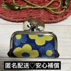 がま口印鑑ケース 北欧 お花 黄×青 匿名配送♥安心補償