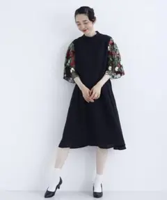 merlot plus 花刺繍レースシアースリーブワンピース