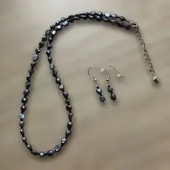 シルバーブラック淡水パールネイビースピネルネックレス ピアスセットsv925