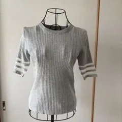 リブニット 半袖 グレー 袖ライン入り