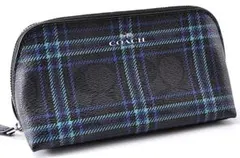 美品 COACH コーチ チェック柄 メイク ポーチ レザー 革 ロゴ