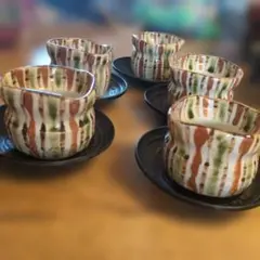 陶器製お茶碗セット 茶色と緑のストライプ