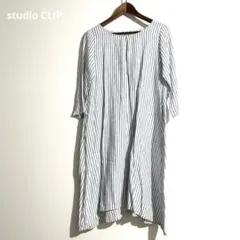studio CLIP スタジオクリップ 麻 七分袖 ワンピース ストライプ 青