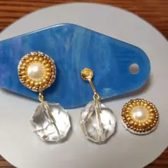 イヤリング パール ビーズ刺繍 クリスタルカット