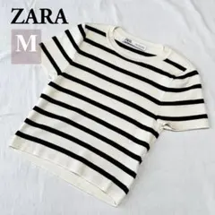 ZARA ボーダー リブニット 半袖トップス クロップド丈 ホワイト ブラック