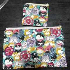 ハンドメイド ファスナーポーチ　フラットポーチ　しば犬