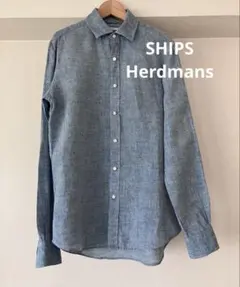 美品】SHIPS フランダースリネン100% 長袖シャツ ストライプ ブルー 