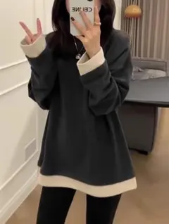 ネイビーグレー 長袖 フリース生地 トップス 重ね着 バイカラー