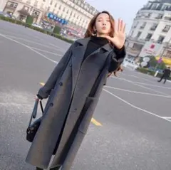 グレー ロングコート ウール混紡