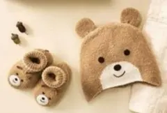 ミキハウス　顔ドン フード＆ブーティセット ベビー用クマデザイン帽子と靴下セット