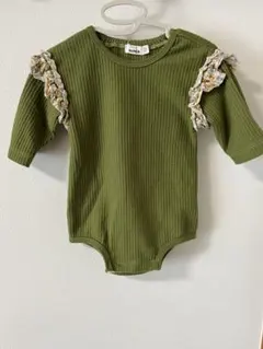 【中古】pairmanon 70 ロンパース グリーン　ニット　花柄フリル　春夏