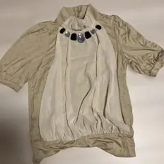 ビジュー付き シフォン切り替え 半袖カットソー ベージュ