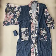 【浴衣風】花柄ネイビー五分袖ロングガウン