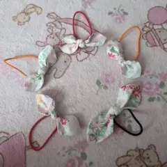 ピンク緑　小花柄リボン ヘアゴム 5個セット