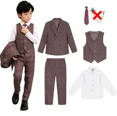 男の子 フォーマルスーツ 6点セット ブラウン系チェック