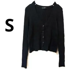 大人見え リブニットカーディガン ショート丈 Vネック 羽織り 春秋 黒