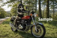 風を感じて♪ バイクに乗る猫 レトロバイク デジタルアート ポストカード