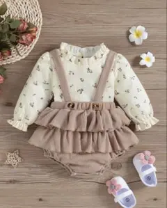 ベビー　女の子　上下2点セット　花柄長袖トップスかぼちゃパンツ　サロペットピンク