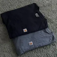 カーハート　ロングスリーブTシャツ　長袖Tシャツ　ポケットロゴ　ネイビ　水色