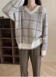 SHEIN DAZY Vネック チェック柄 ニット セーター ブラウン