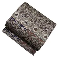 ユ217両面全通柄名古屋帯 紬　裂取更紗や鹿蜀江模様正絹 着物帯　美品