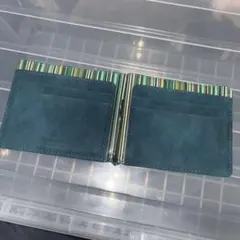 4*0様 青色レザー二つ折り財布 ストライプ内装　薄いの好き