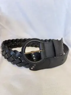 本革 編み込みレザーベルト ブラック ラウンドバックル 太ベルト