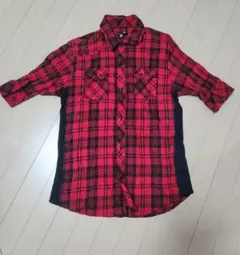 Y2K✨お兄系✨00’s✨平成✨V系✨レッド ブラック チェック柄 七分袖シャツのサムネイル