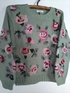 ヴィンテージ　80's〜90's　昭和レトロ　花柄グリーン厚手ニットセーター