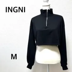 イング　トレーナー　ハーフジップ　ハイネック　クロップド丈　ブラック　無地　M