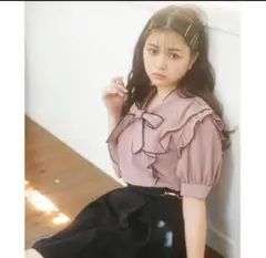 イング　配色　ボウタイ　ブラウス　ピンク　黒