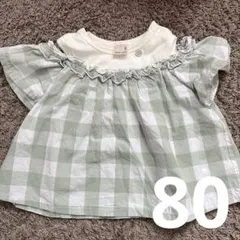 petit main グリーンチェックトップス　80
