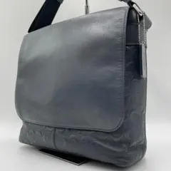 良品 COACH メッセンジャーバッグ レザー ネイビー シグネチャー エンボス