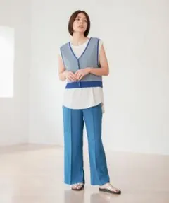 niko and… 2WAY柄ショートベスト ブルー 配色ニットベスト