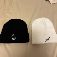 黒ダック刺繍ニット帽＆白Just刺繍ニット帽セット