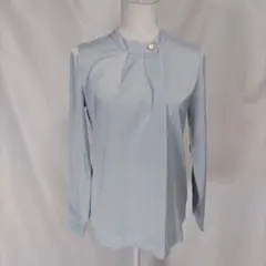 Fashion とろみブラウス ライトブルー フロントデザインボタン 長袖