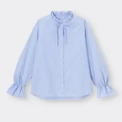 ほぼ未使用【GU ジーユー】　ストライプフリルネックブラウス　XL レディースのサムネイル