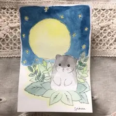 原画　水彩画　ハムスター　月　星　植物　ポストカード　手描き　アナログイラスト