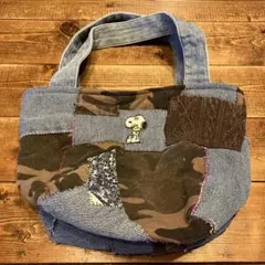 デニムパッチワーク　古着リメイク　トートバッグ
