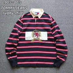 90s トミージーンズ ラガーシャツ ボーダー 刺繍 長袖 S 古着