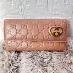 美品】グッチ 長財布 ラブリーハート グッチシマ Wホック ピンク