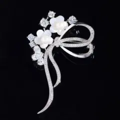 花　リボン　貝　ブローチ　パール　AAA級　ジルコン　上品　結婚式　面接　高見え