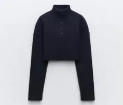 ZARA クロップドニットハイネックセーター　ネイビーM